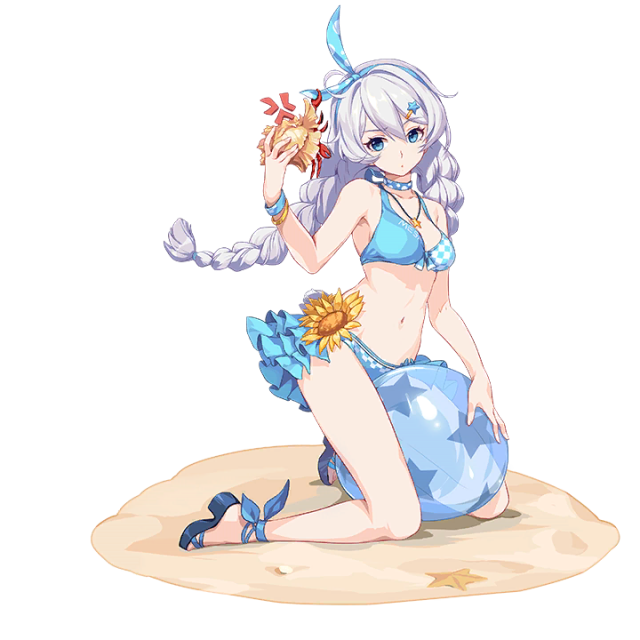 1girl ahoge artist_request ball beach beachball benghuai_xueyuan bikini bikini_skirt blue_bra blue_eyes bra braid crab flower headwear hermit_crab honkai_impact kiana_kaslana mihoyo_technology_(shanghai)_co._ltd. official_art simple_background solo star_print sunflower swimsuit twin_braids underwear white_hair