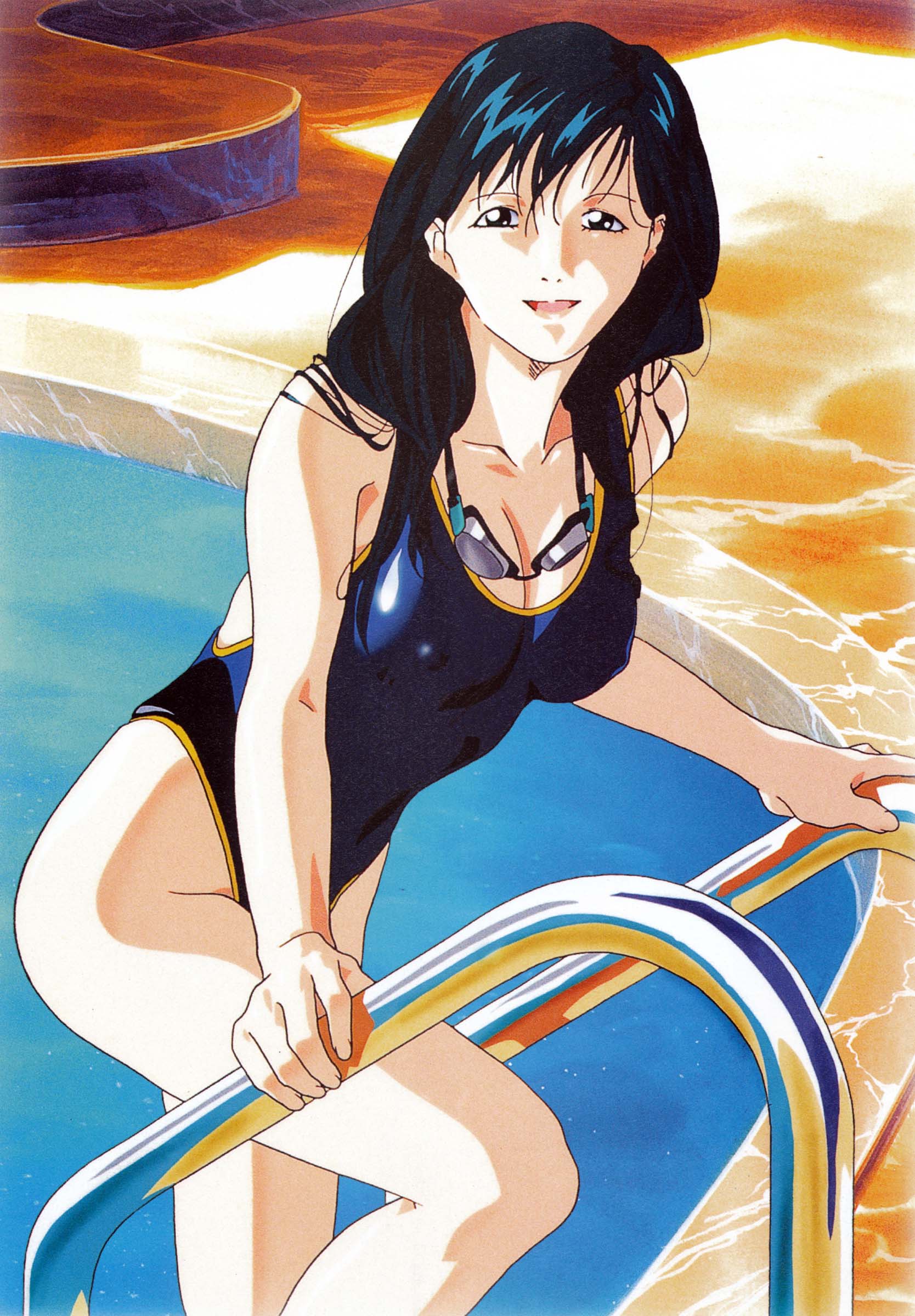 1girl 90s absurdres black_hair breasts cleavage erect_nipples goggles goggles_around_neck highres kinomiya_yukari large_breasts long_hair looking_at_viewer official_art one-piece_swimsuit open_mouth pool solo super_real_mahjong swimsuit tanaka_ryou