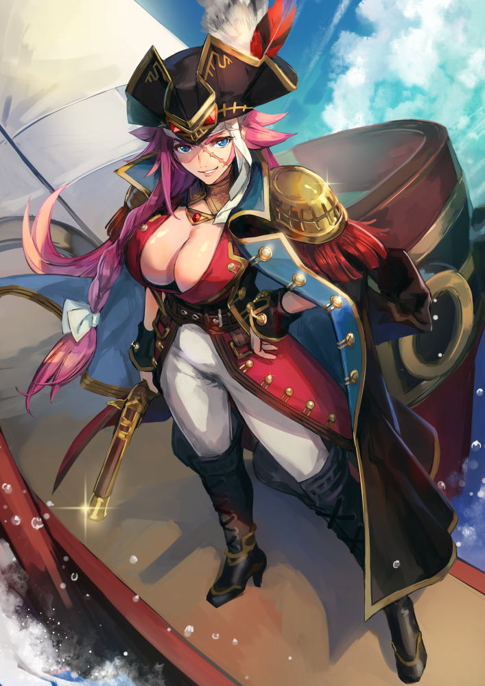1girl azutarou black_coat black_footwear blue_eyes boat boots braid breasts cleavage clouds epaulettes fate/grand_order fate_(series) francis_drake_(fate) full_body gun hat holding holding_gun holding_weapon jacket_on_shoulders knee_boots large_breasts long_hair pants pink_hair pirate pirate_hat scar sky smile solo standing watercraft weapon white_pants