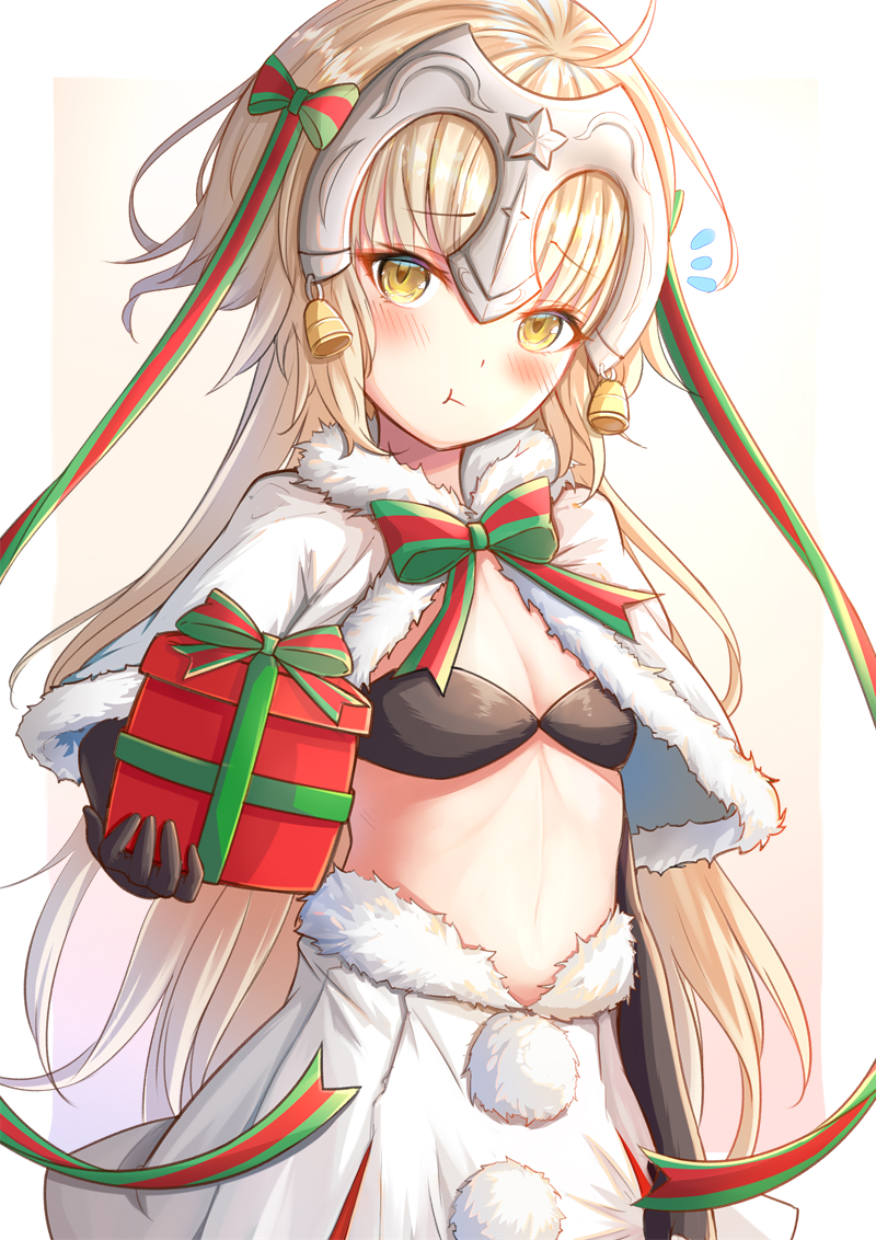 1girl bell black_bra blonde_hair blush bow bowtie box bra breasts capelet cleavage eyebrows_visible_through_hair fate/grand_order fate_(series) fur_trim holding holding_box jeanne_d'arc_(fate)_(all) jeanne_d'arc_alter_santa_lily long_hair looking_at_viewer midriff skirt small_breasts solo standing stomach underwear very_long_hair white_background white_capelet white_skirt yellow_eyes zhi_yu_(siro800102)