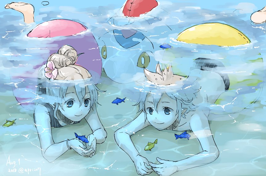 1boy 1girl bikini bracelet brother_and_sister child closed_mouth fire_emblem fire_emblem_if flower hair_flower hair_ornament innertube intelligent_systems jewelry kanna_(female)_(fire_emblem_if) kanna_(male)_(fire_emblem_if) lilith_(fire_emblem_if) lying nintendo on_stomach partially_submerged pink_innertube robaco short_hair siblings smile swim_trunks swimsuit swimwear underwater water white_hair yellow_innertube