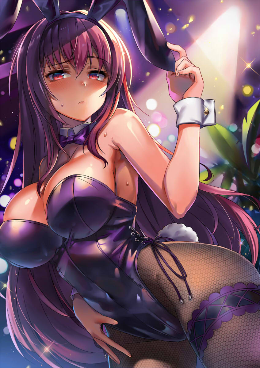 1girl animal_ears armpits breasts bunny_tail bunnysuit cleavage covered_navel cowboy_shot fate/grand_order fate_(series) fishnet_pantyhose fishnets highres large_breasts leaf leotard long_hair looking_at_viewer pantyhose purple_hair purple_leotard rabbit_ears red_eyes scathach_(fate)_(all) scathach_(fate/grand_order) shiny shiny_skin shiron_(30750038) solo tail wrist_cuffs