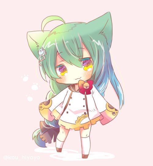 1girl :3 ahoge akashi_(azur_lane) animal_ears asymmetrical_legwear azur_lane bangs bell black_bow black_sailor_collar bow braid brown_background brown_eyes brown_footwear cat_ears chibi commentary_request dress eyebrows_visible_through_hair full_body green_hair hair_between_eyes hair_bow hair_ornament head_tilt jingle_bell kneehighs kouu_hiyoyo long_hair long_sleeves looking_at_viewer red_bow sailor_collar sailor_dress single_kneehigh single_sock sleeves_past_fingers sleeves_past_wrists socks solo standing twitter_username very_long_hair white_dress white_legwear