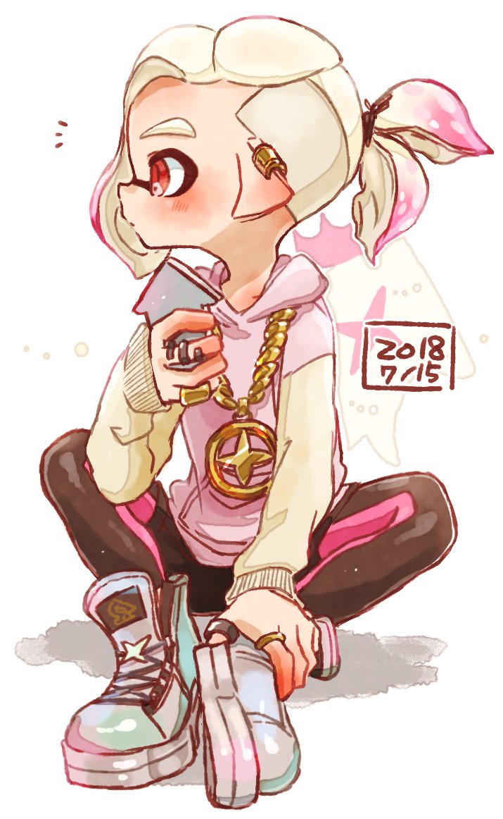 1boy black_legwear black_shorts cellphone chain chains dated ear_piercing gold_chain hood hoodie inkling jewelry leggings legwear_under_shorts male_focus necklace phone piercing pointy_ears ponytail red_eyes shoes shorts simple_background sitting smartphone sneakers solo splatoon splatoon_2 tentacle_hair undercut white_background white_hair