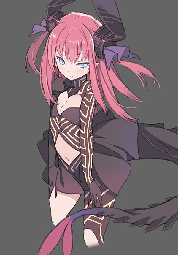 1girl bangs blade_(galaxist) blue_eyes blush closed_mouth cowboy_shot cropped_legs elizabeth_bathory_(fate) elizabeth_bathory_(fate)_(all) eyebrows_visible_through_hair fate/grand_order fate_(series) flat_chest grey_background horn_ornament horns looking_at_viewer navel pink_hair revealing_clothes short_hair simple_background smile solo standing tail two_side_up