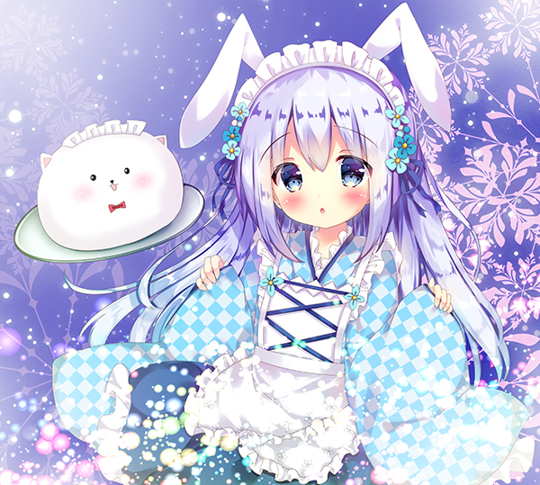 1girl animal_ears apron bangs blue_eyes blue_flower blue_hair blue_ribbon blue_skirt blush checkered checkered_kimono chestnut_mouth commentary_request eyebrows_visible_through_hair flower frilled_apron frills gochuumon_wa_usagi_desu_ka? hair_between_eyes hair_flower hair_ornament hands_up japanese_clothes kafuu_chino kimono long_hair long_sleeves looking_at_viewer maid_headdress parted_lips pinching_sleeves rabbit_ears ribbon rikatan skirt sleeves_past_wrists tippy_(gochiusa) tray very_long_hair wa_maid waist_apron white_apron wide_sleeves