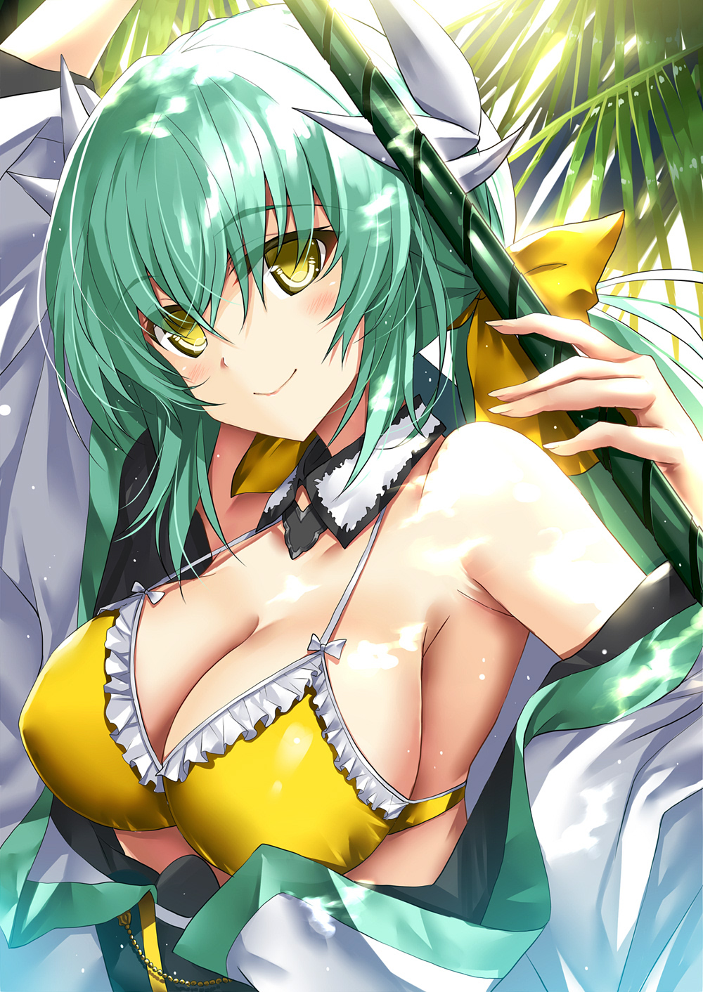 1girl bikini blush breasts closed_mouth commentary_request detached_collar eyebrows_visible_through_hair fate/grand_order fate_(series) green_hair highres horns kiyohime_(fate/grand_order) kiyohime_(swimsuit_lancer)_(fate) long_hair looking_at_viewer medium_breasts morizono_shiki smile solo swimsuit upper_body yellow_bikini yellow_bikini_top yellow_eyes