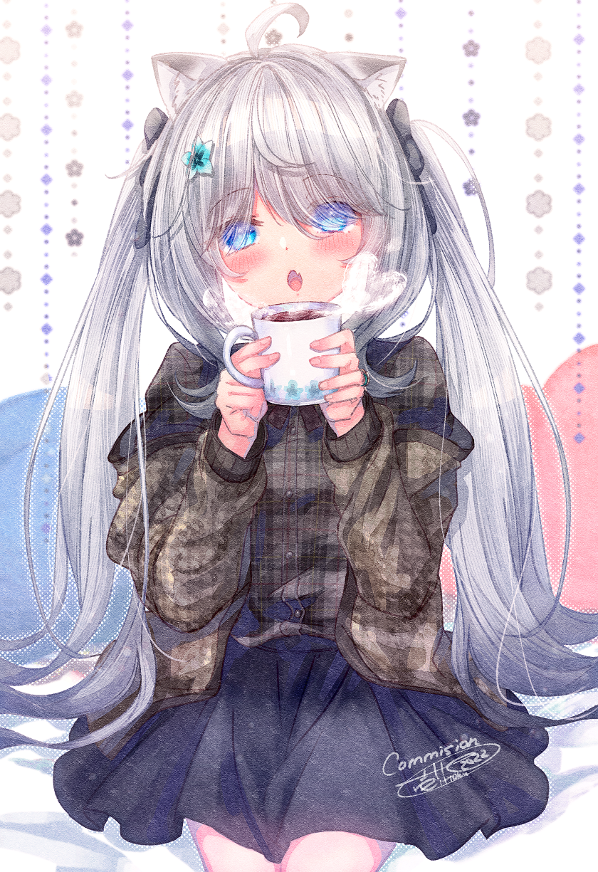 1girl bangs black_bow black_jacket black_skirt blue_eyes blue_flower blush bow commentary_request cup eyebrows_visible_through_hair eyes_visible_through_hair fang flower grey_hair grey_shirt hair_bow hair_flower hair_ornament hair_over_one_eye hands_up highres holding holding_cup ittokyu jacket long_hair long_sleeves looking_at_viewer mug off_shoulder open_clothes open_jacket open_mouth original plaid plaid_shirt pleated_skirt shirt skirt solo steam very_long_hair