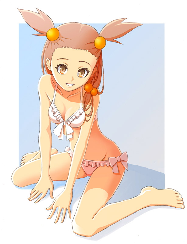 1girl barefoot bikini breasts brown_eyes brown_hair cleavage collarbone frilled_bikini frills full_body groin hair_ornament long_hair looking_at_viewer mikan_(pokemon) parted_lips pavelnedved11 pokemon pokemon_(game) pokemon_gsc sitting small_breasts solo swimsuit twintails wariza white_bikini