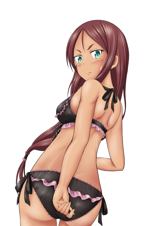 1girl ahagon_umiko aqua_eyes ass bikini black_bikini blush breasts brown_hair dark_skin frilled_bikini frills long_hair looking_back medium_breasts new_game! standing sweatdrop swimsuit very_long_hair