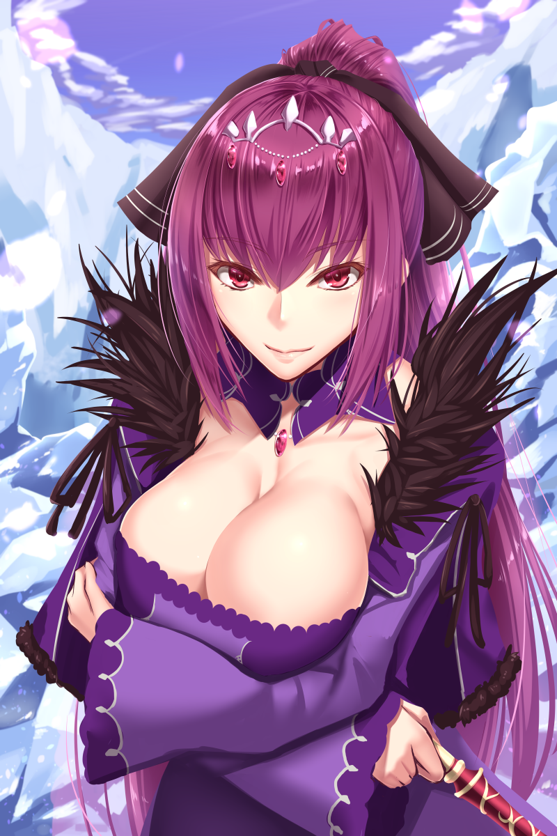 1girl black_bow bow breasts cleavage closed_mouth dress fate/grand_order fate_(series) fur_trim hair_bow highres holding holding_wand large_breasts long_hair looking_at_viewer pink_eyes ponytail purple_dress purple_hair scathach_(fate)_(all) scathach_skadi_(fate/grand_order) shuugetsu_karasu smile solo tiara upper_body wand