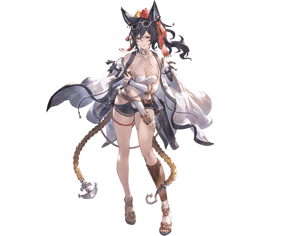 1girl animal_ears bare_shoulders black_hair bridal_gauntlets closed_mouth eyewear_on_head granblue_fantasy hair_ornament ilsa long_hair looking_at_viewer minaba_hideo official_art solo sunglasses swimsuit transparent_background