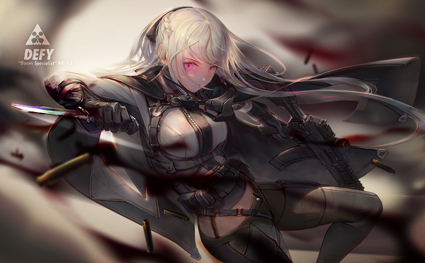 1girl ak-12 ak-12_(girls_frontline) assault_rifle bangs black_gloves black_ribbon braid breasts character_name choseon cloak combat_knife commentary eyebrows_visible_through_hair floating_hair french_braid girls_frontline gloves glowing glowing_eyes gun hair_between_eyes holding holding_gun holding_knife holding_weapon jacket knife long_hair long_sleeves looking_at_viewer medium_breasts midriff pants revision ribbon rifle shell_casing sidelocks silver_hair solo strap very_long_hair violet_eyes weapon