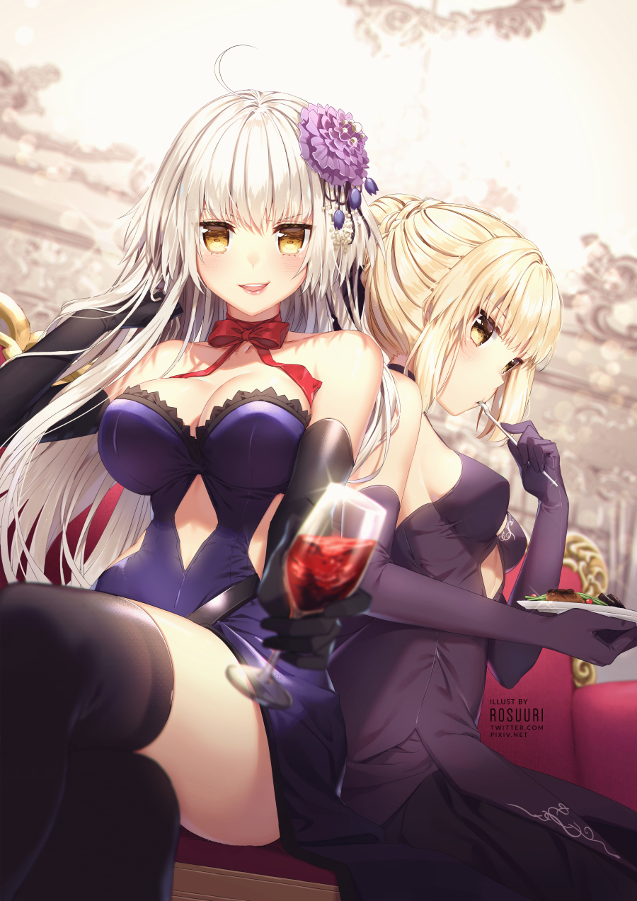 2girls ahoge alcohol artist_name artoria_pendragon_(all) bangs black_dress blonde_hair blue_dress braided_bun breasts brown_eyes cleavage collarbone commentary_request couch cup dress drinking_glass elbow_gloves eyebrows_visible_through_hair fate/grand_order fate_(series) flower food gloves hair_between_eyes hair_flower hair_ornament highres holding holding_food indoors jeanne_d'arc_(alter)_(fate) jeanne_d'arc_(fate)_(all) large_breasts long_hair looking_at_viewer multiple_girls purple_dress purple_flower red_ribbon ribbon rosuuri saber_alter sidelocks silver_hair sitting smile strapless strapless_dress thigh-highs very_long_hair wine wine_glass