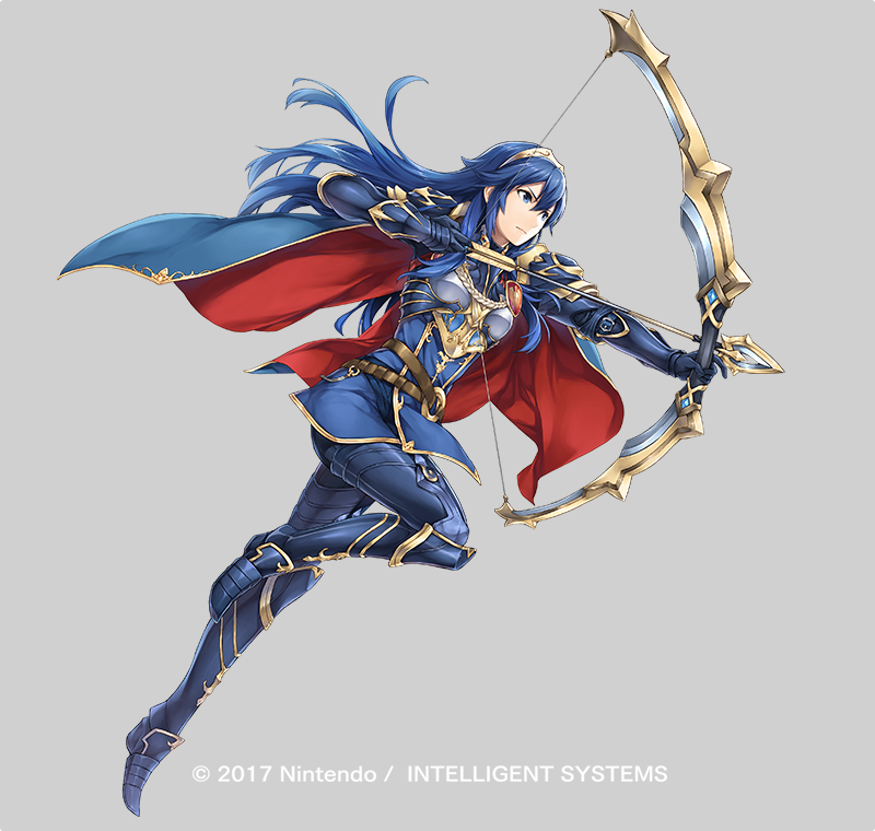 1girl archery armor arrow blue_eyes blue_hair bow_(weapon) cape fire_emblem fire_emblem:_kakusei fire_emblem_heroes full_body holding holding_bow_(weapon) holding_weapon long_hair lucina official_art simple_background solo tiara weapon yamada_koutarou