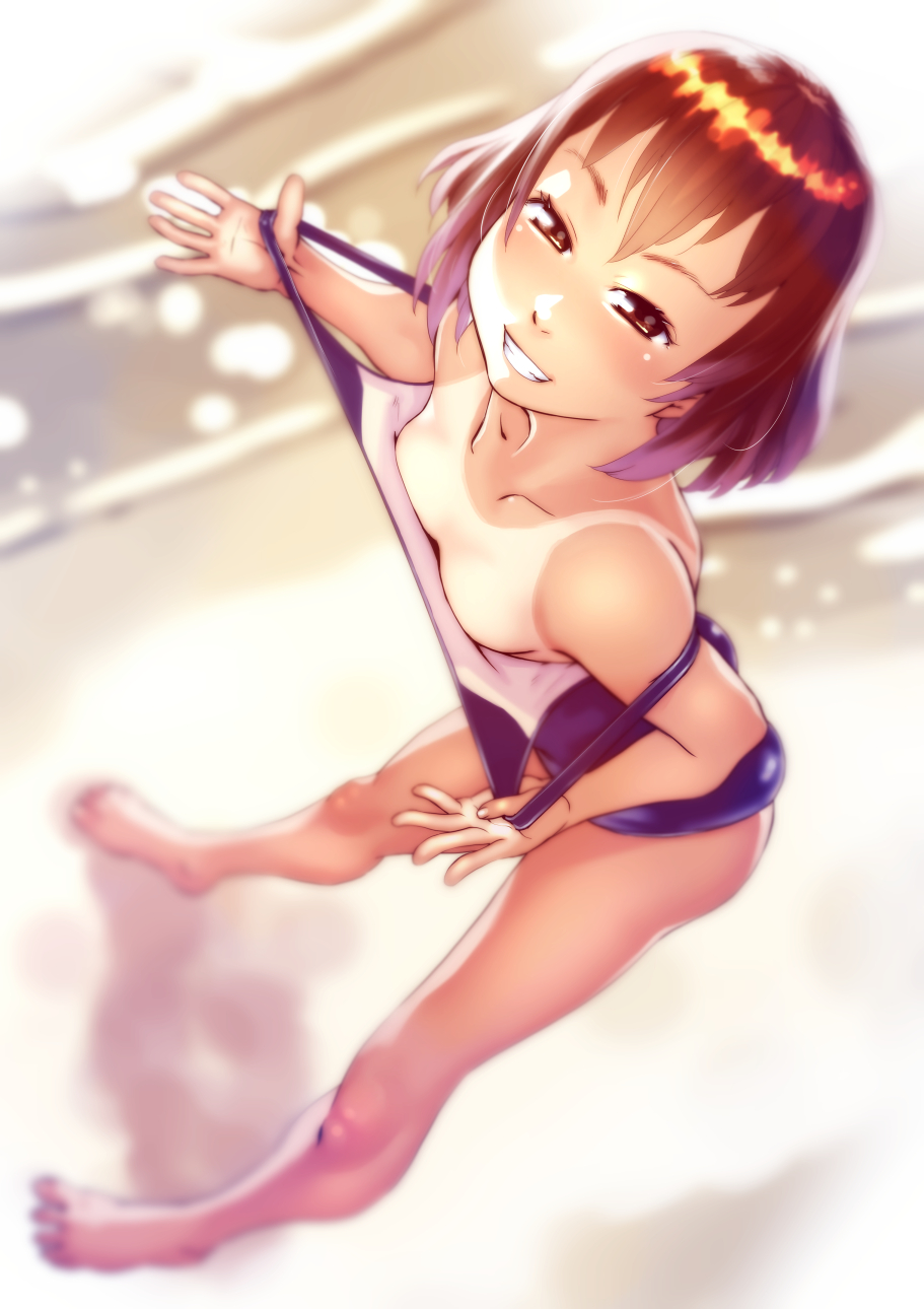 1girl ass barefoot beach blue_swimsuit blurry blush breasts brown_hair collarbone depth_of_field dutch_angle grin highres looking_at_viewer one-piece_swimsuit one-piece_tan original school_swimsuit shiny shiny_clothes sidelocks small_breasts smile solo soon standing strap_pull swimsuit swimsuit_pull tan tanline water