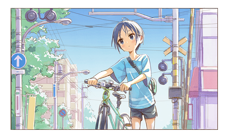 1girl bag bicycle blue_shirt cowboy_shot frame ground_vehicle gym_shorts hand_on_handle kurosaki_honoka lamppost matsuo_yuusuke oversized_clothes oversized_shirt road_sign shirt shorts shoulder_bag sign sky solo sweat tree yama_no_susume