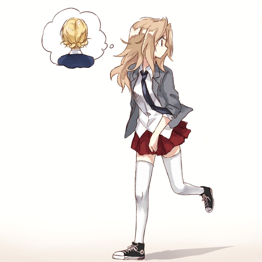 black_neckwear blonde_hair braid converse darjeeling french_braid from_behind girls_und_panzer kay_(girls_und_panzer) long_hair necktie red_skirt saunders_school_uniform shoes skirt sneakers st._gloriana's_school_uniform thigh-highs thought_bubble walking white_background white_legwear yuuyu_(777) zettai_ryouiki