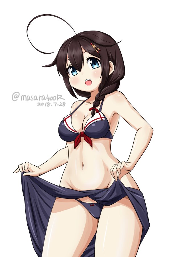 1girl adapted_costume ahoge bikini black_bikini black_hair black_sarong blue_eyes braid breasts cleavage commentary_request cowboy_shot dated front-tie_top groin hair_flaps hair_over_shoulder kantai_collection masara_(masalucky2010) medium_breasts navel open_mouth remodel_(kantai_collection) sarong sarong_lift shigure_(kantai_collection) simple_background single_braid solo swimsuit twitter_username white_background