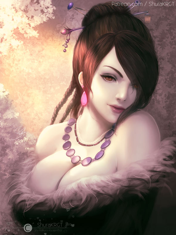 1girl artist_name bangs bare_shoulders black_hair breasts brown_eyes brown_hair cleavage commentary dress earrings english_commentary final_fantasy final_fantasy_x fur_trim hair_ornament hair_over_one_eye jewelry large_breasts lipstick long_hair looking_at_viewer lulu_(ff10) makeup necklace pale_skin shurakrgt solo strapless swept_bangs