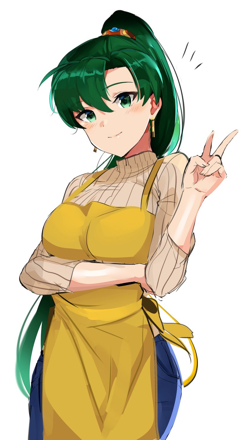1girl alternate_costume apron asymmetrical_bangs bangs breasts contemporary cowboy_shot denim fire_emblem fire_emblem:_rekka_no_ken green_eyes green_hair highres jeans long_hair long_sleeves looking_at_viewer lyndis_(fire_emblem) medium_breasts ormille pants ponytail ribbed_sweater simple_background smile solo sweater v white_background