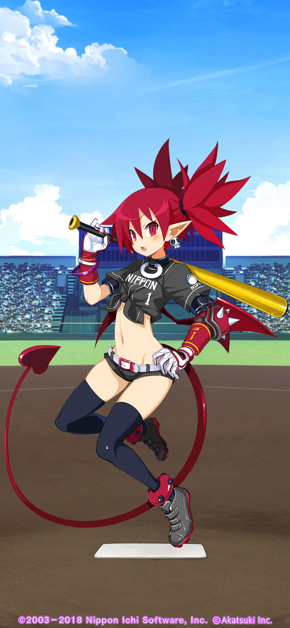 1girl 2018 anklet baseball_uniform black_legwear bracelet choker clothes_writing dated day demon_girl demon_tail demon_wings earrings elbow_pads etna fang full_body gloves hand_on_hip harada_takehito highres holding_bat jewelry long_hair looking_at_viewer lowleg lowleg_pants midriff navel open_mouth outdoors pants pointy_ears red_eyes redhead shirt short_shorts short_sleeves shorts skull_earrings solo sportswear tail thigh-highs tied_shirt twintails wings