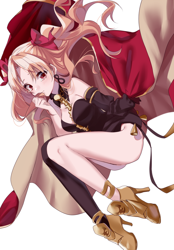 1girl black_dress blonde_hair blush cape dress earrings ereshkigal_(fate/grand_order) fate/grand_order fate_(series) hair_ribbon high_heels jewelry long_hair misumi_(macaroni) red_cape red_eyes ribbon simple_background single_detached_sleeve single_thighhigh tears thigh-highs white_background