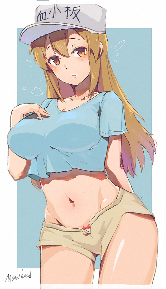1girl artist_name baseball_cap blue_background breasts cleavage collarbone cowboy_shot groin hand_on_own_chest hat hataraku_saibou large_breasts light_brown_hair long_hair looking_at_viewer meow_head midriff navel older orange_eyes panties panty_peek platelet_(hataraku_saibou) shirt short_shorts shorts signature simple_background solo straight_hair two-tone_background undersized_clothes underwear white_background