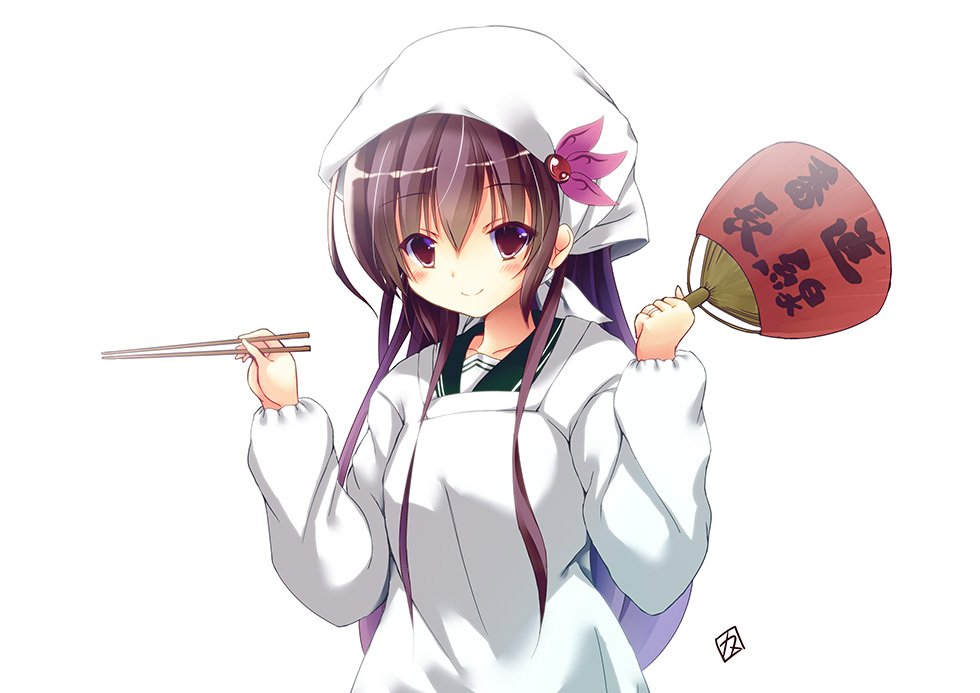 1girl blush chopsticks commentary_request fan hair_ornament jewelry kamiya_yuuji kantai_collection kappougi kisaragi_(kantai_collection) long_hair long_sleeves paper_fan purple_hair ring simple_background smile solo tenugui uchiwa upper_body violet_eyes wedding_band white_background