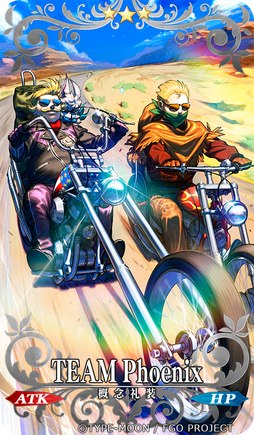 2boys alternate_costume american_flag american_flag_print azusa_(hws) bandanna blonde_hair blue_sky clouds copyright_name english facial_hair fate/grand_order fate_(series) flag_print flame_print fou_(fate/grand_order) glint gloves goldorf_musik ground_vehicle jeancle_abel_meuniere long_sleeves motor_vehicle motorcycle multiple_boys mustache official_art riding short_hair sitting sky sunglasses