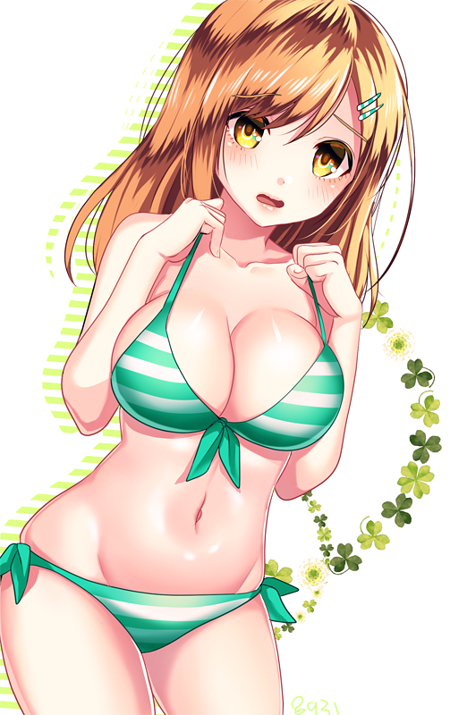 1girl bikini breasts cleavage collarbone eyebrows_visible_through_hair front-tie_bikini front-tie_top furrowed_eyebrows green_bikini groin hair_ornament hairclip hakusai_ponzu horizontal_stripes large_breasts long_hair looking_at_viewer navel open_mouth orange_hair original side-tie_bikini solo straight_hair striped striped_bikini swimsuit yellow_eyes