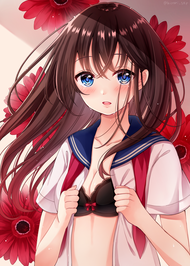 1girl bangs black_bra blue_eyes blue_sailor_collar blush bow bow_bra bra breasts brown_hair cleavage collarbone commentary_request eyebrows_visible_through_hair fingernails flower hair_between_eyes hands_up long_hair looking_at_viewer open_clothes open_shirt original parted_lips red_flower red_neckwear sailor_collar sakura_hiyori school_uniform serafuku shirt small_breasts solo sweat underwear very_long_hair white_shirt