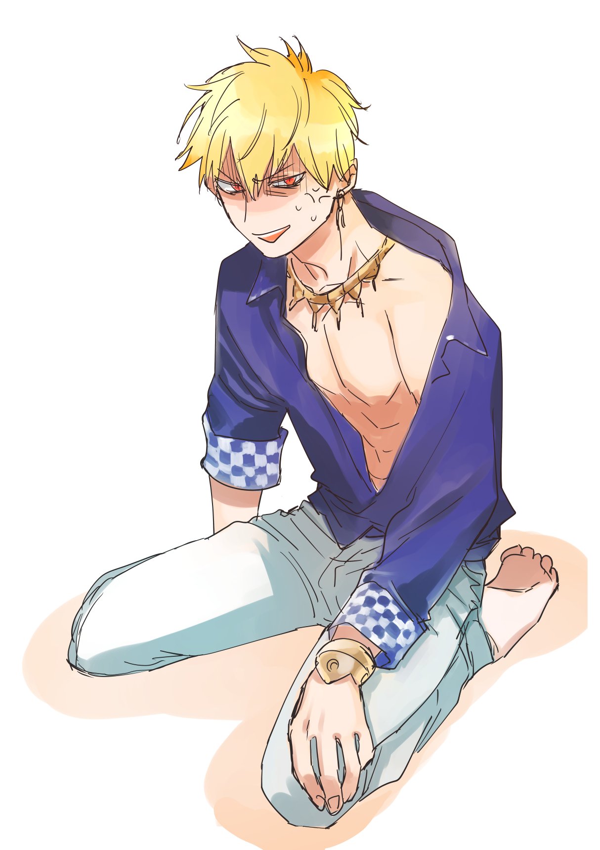 1boy anger_vein barefoot blonde_hair blue_shirt fate/grand_order fate/stay_night fate_(series) gilgamesh highres kneeling male_focus open_clothes open_shirt red_eyes shirt simple_background solo white_background yuu_yuugekisyu