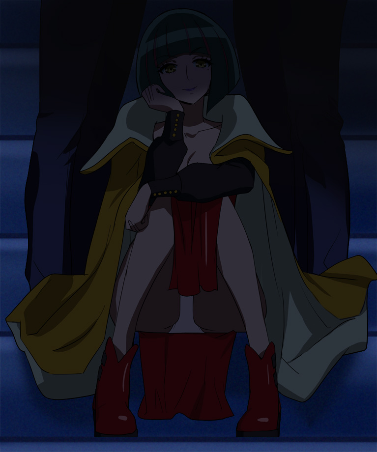 1girl boots breasts cape cleavage closed_mouth collarbone dark gelos_(precure) green_hair haruyama_kazunori hugtto!_precure legs lips looking_at_viewer mole mole_under_eye panties pantyshot pantyshot_(sitting) precure red_footwear short_hair sitting sitting_on_stairs smile solo_focus stairs underwear white_panties yellow_cape yellow_eyes