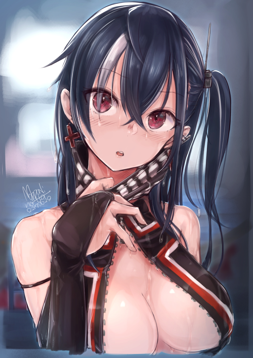 1girl :o arm_strap azur_lane bangs black_hair blush breasts cleavage commentary cropped_torso cross cross_earrings crossed_bangs dated earrings eyebrows_visible_through_hair eyes_visible_through_hair hair_between_eyes head_tilt headgear highres iron_cross jewelry large_breasts long_hair looking_at_viewer mappaninatta multicolored_hair no_bra open_mouth red_eyes revision scarf_grab sidelocks signature skindentation solo streaked_hair u-47_(azur_lane) unzipped wet white_hair