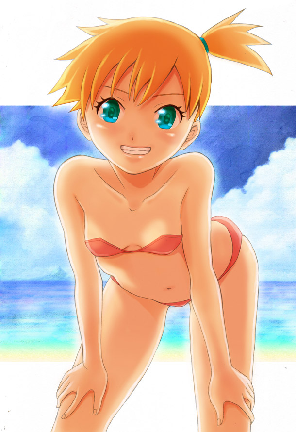 1girl bent_over bikini blush breasts cleavage collarbone green_eyes grin hands_on_own_knees kasumi_(pokemon) looking_at_viewer navel one_side_up orange_hair pavelnedved11 pokemon pokemon_(game) pokemon_rgby red_bikini small_breasts smile solo standing striped striped_bikini swimsuit