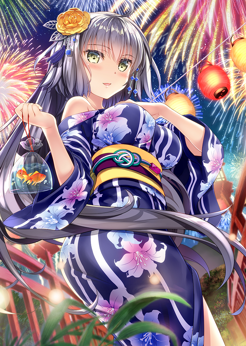 1girl aerial_fireworks ahoge alternate_hair_length alternate_hairstyle animal bag bagged_fish bangs blue_kimono blurry blurry_foreground blush breasts commentary_request depth_of_field eyebrows_visible_through_hair fate/grand_order fate_(series) fireworks fish floral_print flower from_below fujima_takuya goldfish hair_between_eyes hair_flower hair_ornament hand_on_own_chest hands_up holding japanese_clothes jeanne_d'arc_(alter)_(fate) jeanne_d'arc_(fate)_(all) kimono lantern large_breasts long_hair long_sleeves looking_at_viewer looking_down night night_sky obi off_shoulder outdoors paper_lantern parted_lips print_kimono rose sash silver_hair sky smile solo star_(sky) starry_sky summer_festival very_long_hair water wide_sleeves yellow_eyes yellow_flower yellow_rose yukata