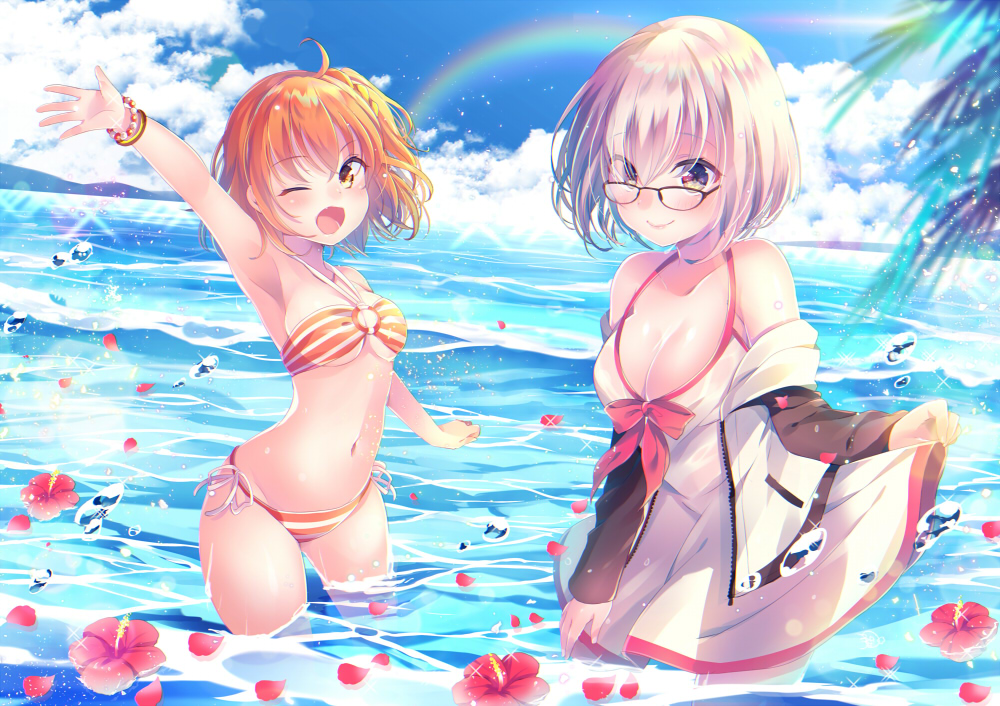 2girls ;d arm_up bangs bare_shoulders bikini black-framed_eyewear blue_sky blurry blurry_foreground blush breasts brown_eyes cleavage clouds cloudy_sky collarbone commentary_request day depth_of_field dress dress_swimsuit eyebrows_visible_through_hair eyes_visible_through_hair fate/grand_order fate_(series) flower fujimaru_ritsuka_(female) glasses groin hair_between_eyes hair_over_one_eye halter_top halterneck hood hood_down hooded_jacket horizon jacket large_breasts looking_at_viewer mash_kyrielight medium_breasts multiple_girls navel nemuri_nemu o-ring o-ring_bikini o-ring_top ocean off_shoulder one_eye_closed open_clothes open_jacket open_mouth orange_hair outdoors outstretched_arm petals petals_on_liquid pink_hair rainbow red_flower side-tie_bikini sky smile standing striped striped_bikini swimsuit swimsuit_of_perpetual_summer violet_eyes wading water white_dress white_jacket