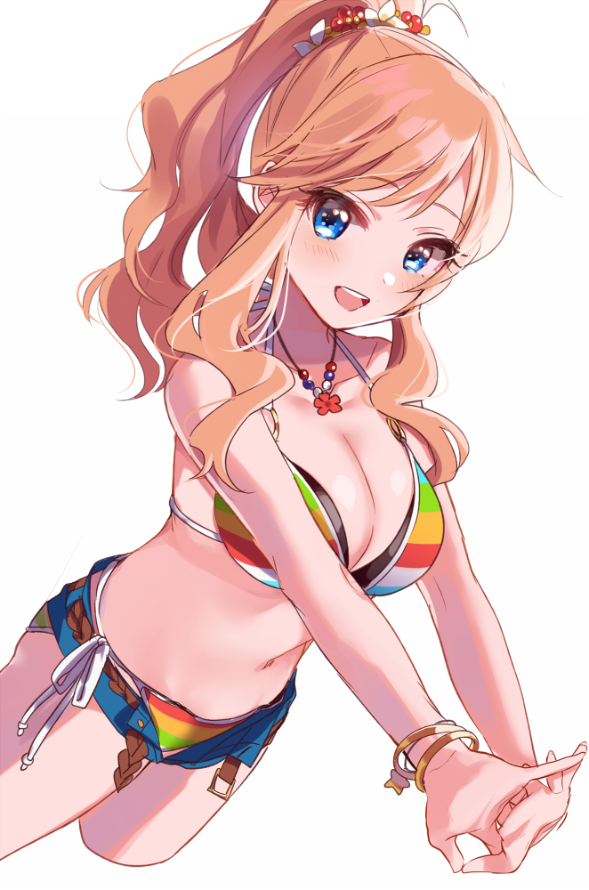 1girl :d bare_arms bare_shoulders bikini bikini_under_clothes blue_eyes blue_shorts blush bracelet breasts brown_hair cleavage collarbone dutch_angle eyebrows_visible_through_hair flower hair_flower hair_ornament idolmaster idolmaster_cinderella_girls idolmaster_cinderella_girls_starlight_stage jewelry large_breasts looking_at_viewer misumi_(macaroni) navel necklace ootsuki_yui open_mouth ponytail short_shorts shorts simple_background smile solo stomach stretch striped striped_bikini swimsuit white_background