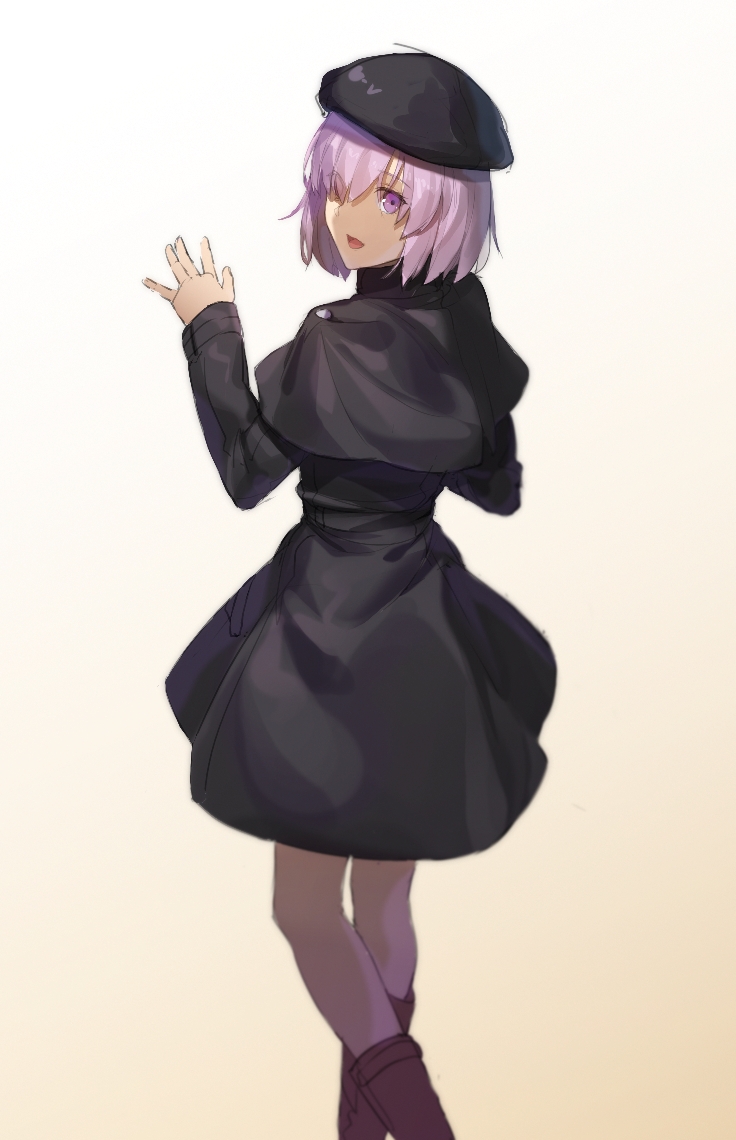 1girl :d bangs beret black_capelet black_coat black_hat boots brown_background brown_footwear brown_legwear capelet commentary_request eyebrows_visible_through_hair fate/grand_order fate_(series) from_behind gradient gradient_background hair_over_one_eye hand_up hat long_sleeves looking_at_viewer looking_back mash_kyrielight open_mouth pantyhose pink_hair qiongsheng smile solo standing violet_eyes white_background