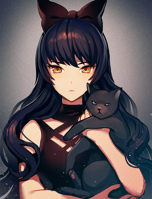 1girl black_cat black_dress black_hair blake_belladonna bow cat closed_mouth commentary dress english_commentary grey_background hair_bow holding holding_cat long_hair looking_at_viewer red_bow rwby satchely solo upper_body yellow_eyes