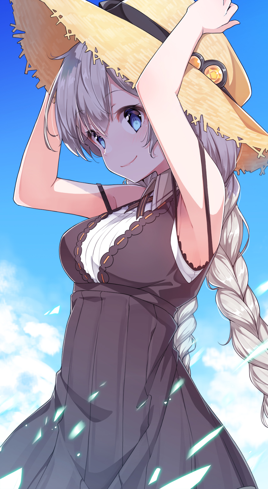 1girl arms_up bangs bare_arms bare_shoulders black_dress blue_eyes blue_sky blush braid breasts closed_mouth clouds commentary_request day dress eyebrows_visible_through_hair hair_between_eyes hands_on_headwear hat highres kizuna_akari konnyaku_(kk-monmon) long_hair low_twintails medium_breasts outdoors silver_hair sky sleeveless sleeveless_dress smile solo straw_hat twin_braids twintails very_long_hair voiceroid