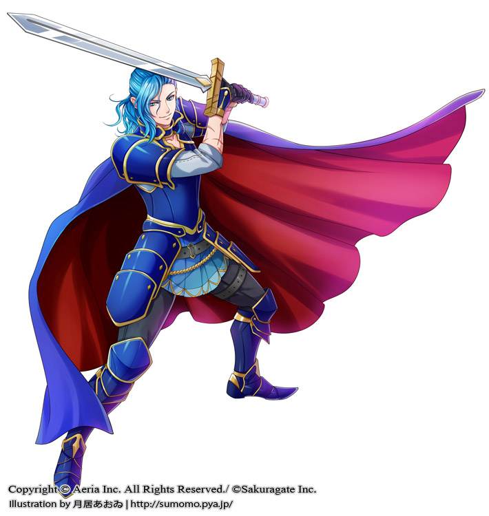 1boy armor black_gloves blue_cape blue_eyes blue_footwear blue_hair cape cuts gloves greaves holding holding_sword holding_weapon injury long_hair looking_at_viewer official_art paranai red_cape scar sword watermark weapon wii_hola