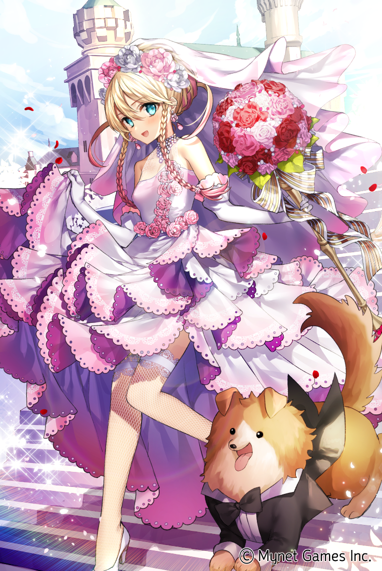 1girl :d age_of_ishtaria animal aqua_eyes bangs blonde_hair bouquet bridal_veil castle clothed_animal day dog dress earrings elbow_gloves eyebrows_visible_through_hair fishnet_pantyhose fishnets flower formal gambe gloves hair_between_eyes hair_bun hair_flower hair_ornament high_heels holding holding_bouquet jewelry official_art open_mouth outdoors pantyhose pink_flower pink_rose red_flower red_rose rose side_braids skirt_hold smile solo sparkle stairs suit thigh-highs veil walking watermark wedding_dress white_flower white_gloves white_legwear white_rose