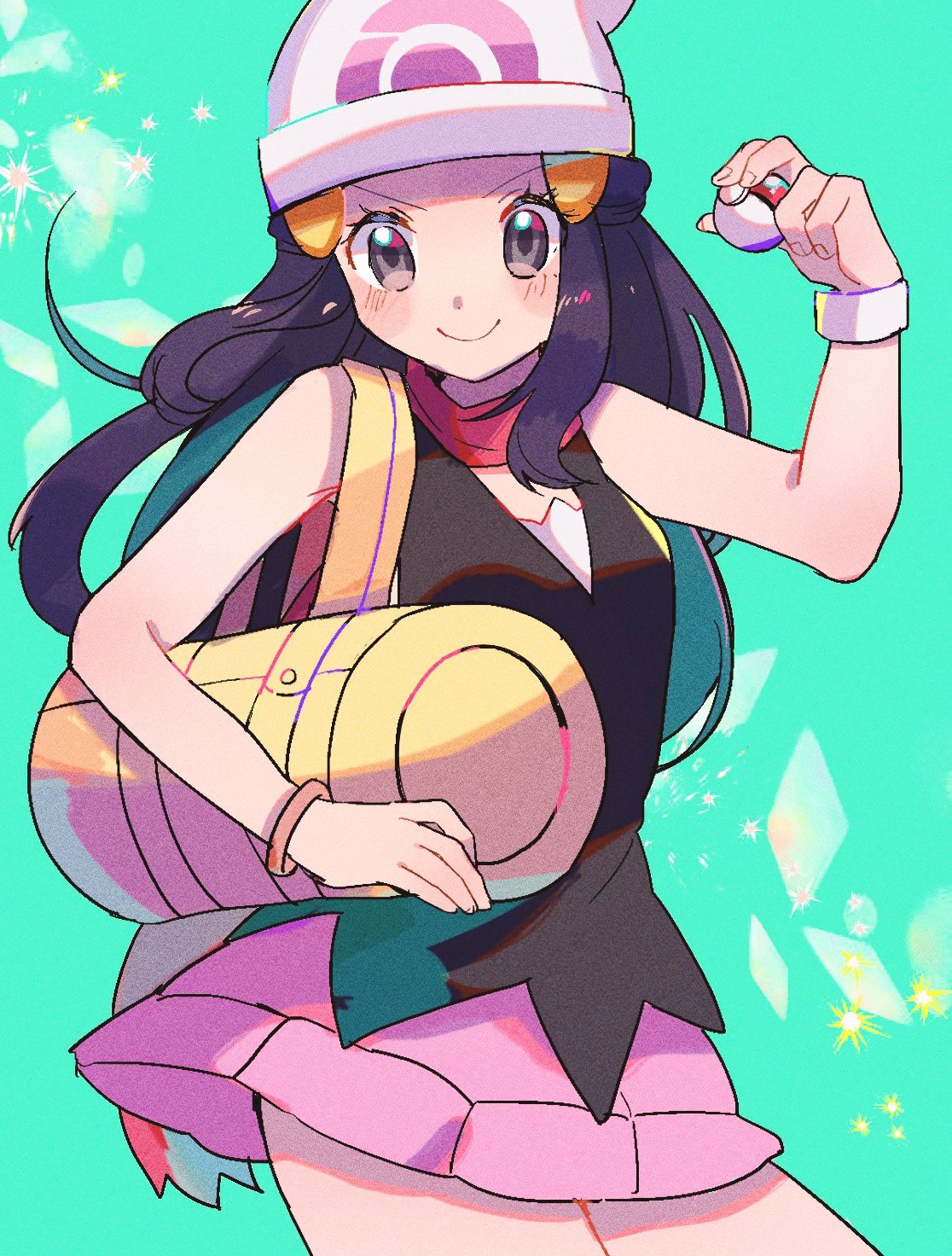 1girl beanie black_tank_top blue_hair blush cowboy_shot grey_eyes hat highres hikari_(pokemon) holding holding_poke_ball poke_ball pokemon pokemon_(game) pokemon_dppt red_scarf ririmon scarf smile solo winter_clothes yellow_bag