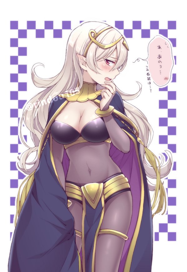 1girl blush bodysuit breasts bridal_gauntlets cape circlet cleavage cosplay female_my_unit_(fire_emblem_if) fire_emblem fire_emblem:_kakusei fire_emblem_if hiyori_(rindou66) long_hair looking_to_the_side mamkute my_unit_(fire_emblem_if) navel open_mouth pointy_ears red_eyes solo tharja tharja_(cosplay) white_hair