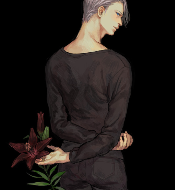 1boy arms_behind_back black_background black_pants black_shirt blue_eyes denim fingernails flower flower_request jeans jewelry leaf long_sleeves looking_at_viewer looking_back male_focus pants profile r_inami red_flower ring serious shirt short_hair simple_background upper_body viktor_nikiforov white_hair yuri!!!_on_ice