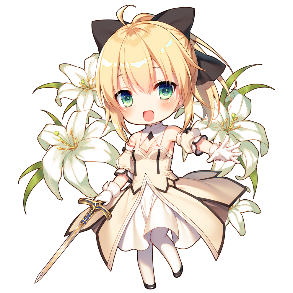 1girl ahoge artoria_pendragon_(all) bangs bare_shoulders black_bow black_footwear blonde_hair blush bow breasts chibi detached_collar detached_sleeves dress excalibur fate/grand_order fate/unlimited_codes fate_(series) flower full_body gloves green_eyes hair_between_eyes hair_bow holding holding_sword holding_weapon lily_(flower) long_hair looking_at_viewer open_mouth pantyhose ponytail puffy_detached_sleeves puffy_short_sleeves puffy_sleeves saber_lily short_sleeves simple_background small_breasts smile standing sword toosaka_asagi weapon white_background white_dress white_gloves white_legwear