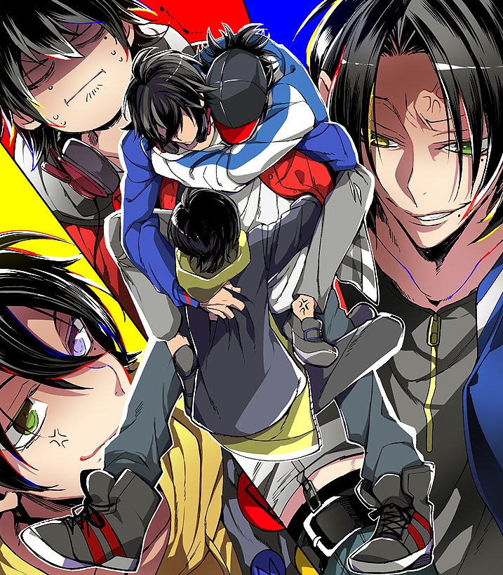 3boys anger_vein baseball_cap black_hair blue_eyes brothers carrying green_eyes hat headphones headphones_around_neck heterochromia hood hoodie hypnosis_mic looking_at_another maco_latte mole mole_under_eye mole_under_mouth multiple_boys paneled_background piggyback siblings sweat yamada_ichirou_(hypnosis_mic) yamada_jirou yamada_saburou yellow_eyes