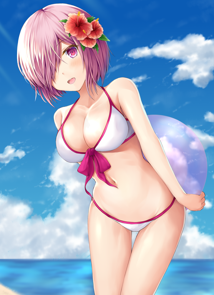 1girl :d ball bangs bare_arms bare_shoulders beachball bikini blue_sky blush breasts cleavage clouds collarbone commentary_request cute day eyebrows_visible_through_hair fate/grand_order fate_(series) flower front-tie_bikini front-tie_top hair_flower hair_ornament hair_over_one_eye head_tilt horizon large_breasts leaning_forward looking_at_viewer mash_kyrielight misui navel ocean open_mouth outdoors purple_hair red_flower sky smile solo standing swimsuit thigh_gap transparent violet_eyes water white_bikini